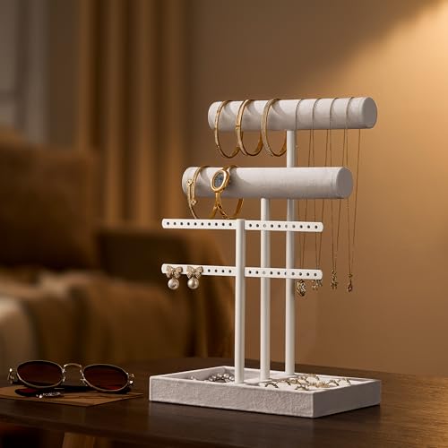 bussdis 3 Tier Bracelet Holder Display - Detachable T Bar Pure White Velvet Bracelet Holder, Jewelry Holder Organizer for Bracelet, Necklace, Earrings, Rings - color: Pure White, size: Standard