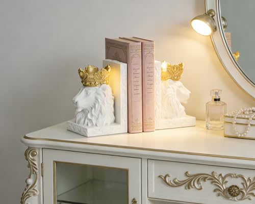 White Lion Head Bookends with Regal Design, Solid Resin for Heavy Duty Book Support, Non-Slip Pads for Stability, Gift for Lion Enthusiasts Collectors - color: White