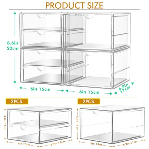 caktraie Acrylic Makeup Organizer, 4 Pack Drawer Organizer - Transparent Desktop Storage for Cosmetics, Office Supplies & More - Clear Organizers for Home & Office Use - size: 6 Drawers