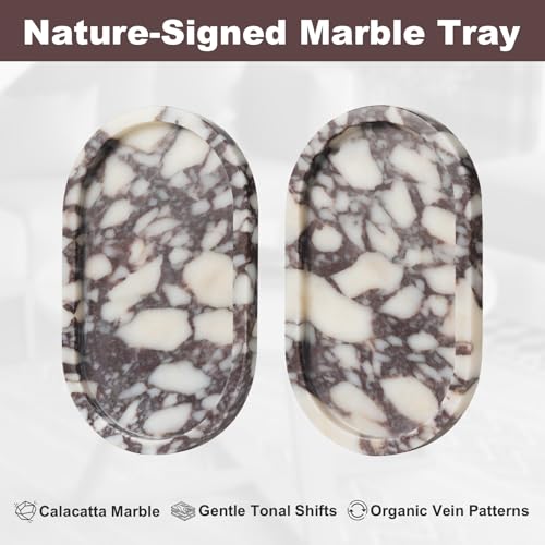 Natural Calacatta Viola Marble Tray 10"x6" - Non-Resin Bathroom Vanity Organizer & Kitchen Decor | Waterproof Oval Stone Serving Dish (Purple Portoro) - style: Calacatta Viola - 1 Pack