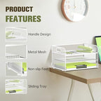 DALTACK 3 Tier Paper Organizer with Handle, Mesh Metal Desk Organizer with Sliding Paper Trays for Letter/A4 Paper, Mail, Bills & Folders, White - color: White