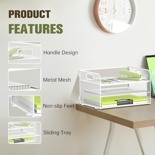 DALTACK 3 Tier Paper Organizer with Handle, Mesh Metal Desk Organizer with Sliding Paper Trays for Letter/A4 Paper, Mail, Bills & Folders, White - color: White