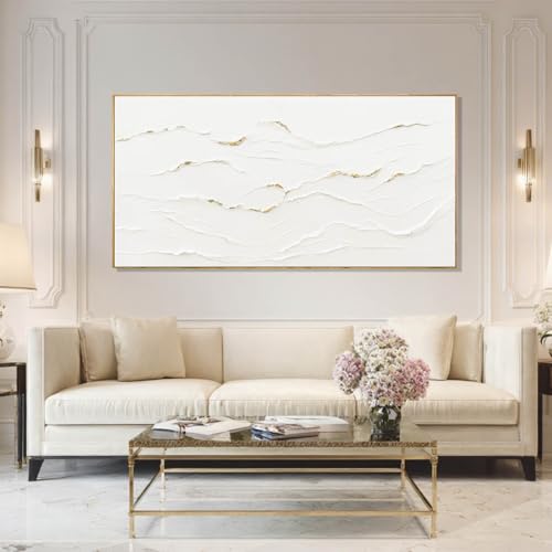 WINKAILIN Minimalist White and Gold Line Artwork with Frame Hand Painted Abstract Canvas Wave Wall Art for Bedroom Living Room Office 24"x48" - color: White and Gold, size: 48"L x 24"W