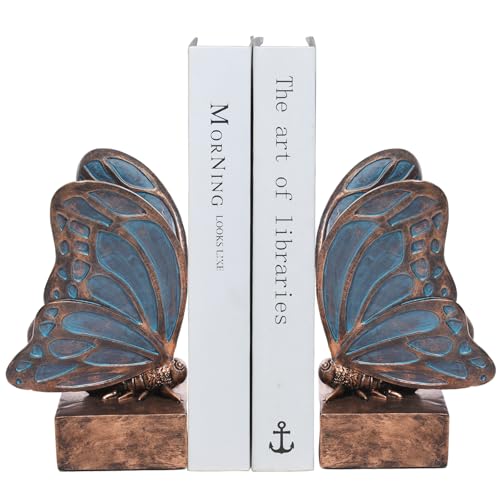 Vintage Blue Butterfly Bookends,Resin Book Ends for Shelves,Heavy Duty Decorative Bookends,Creative Book Stopper Holder Decor for Desk Home Office,Shelf Decoration,Gifts for Mother's Day - color: Blue Bronze
