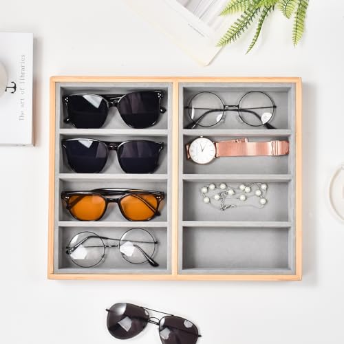Natural bamboo Glasses Eyeglass Eyewear Sun glasses Sunglasses Box Storage Case Tray Display Showcase Organizer Box - color: Grey 8 Grids