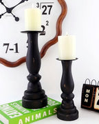 Black Worn Pillar Candle Holder - Rustic Wooden Farmhouse Candlestick Holders for - 2 Piece Set - color: Black-01