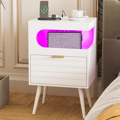 Veegle Nightstand,Modern Bedside Table with Storage Drawer and Open Wood Shelf, Accent Night Stand with Solid Wood Legs for Living Room, Bedroom and Small Spaces,Easy Assembly (White) - color: White
