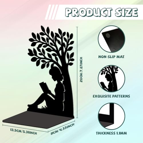 Peacoblue Metal Bookends for Shelves, Modern Decorative Heavy Duty Study Book Ends Stoppers for Office Desk Shelf Room 5.3x4.3x7.9 Cast Iron Simple Tall Bookends 1 Pair (Girl Reading Under a Tree) - style: Girl Reading under a Tree