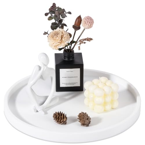 Silicone Bathroom Tray Round Vanity Tray Decorative Soap Holder Kitchen Countertop Organizer Coffee Table Decor for Candle, Perfume, Plant, 12 Inch, White - color: White, size: 12"