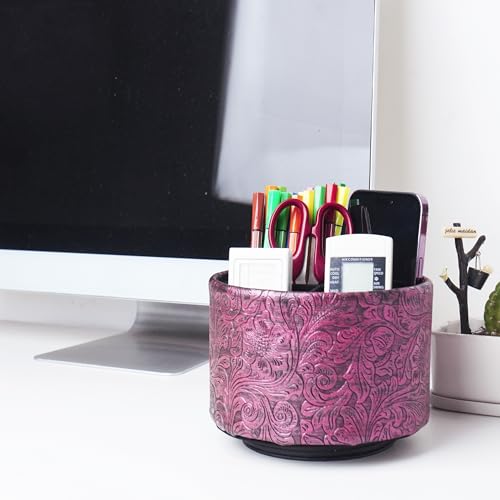 lizimandu Round Leather Art Supply Organizer,Remote Control Holder,360 Degree Spinning,Multi-Functional Pencil Holder,4 Compartments Desktop Stationary Organizer(1-Carved Metal Rose Red) - color: 1-Carved Metal Rose Red