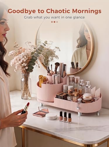 Booklov Rotating Makeup Caddy Organizer for Vanity, Large Capacity Cosmetic Display Case, Countertop Beauty Storage Holder for Skincare, Brush Eyeshadow Lipstick, Counter Desk Organization, Pink - color: Pink, size: L01
