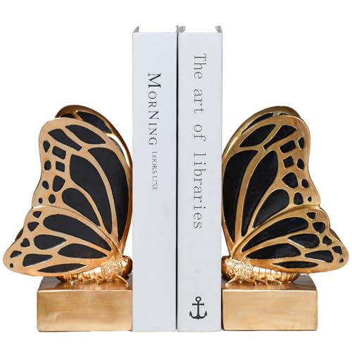 Vintage Brass Butterfly Bookends,Resin Book Ends for Shelves,Heavy Duty Decorative Bookends,Creative Book Stopper Holder Decor for Desk Home Office,Shelf Decoration,Gifts for Mother's Day - color: Black Brass