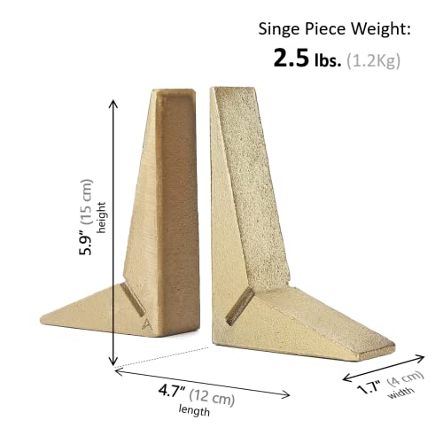 Cast Iron Geometric Decorative Bookends, Sharp Triangle Theme, Heavy Duty, Set of 2 Gold