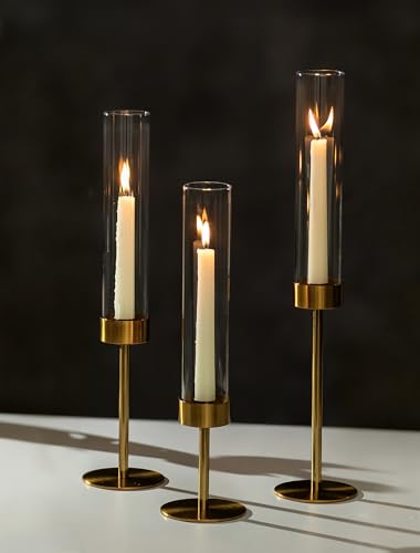 NUPTIO Candlestick Holders for Table Centerpiece: Set of 3 Gold Candle Sticks Holder with Clear Glass Hurricane - Tall Brass Taper Candle Holders for Outdoor Wedding Birthday Decor - size: 3 pcs