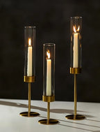 NUPTIO Candlestick Holders for Table Centerpiece: Set of 3 Gold Candle Sticks Holder with Clear Glass Hurricane - Tall Brass Taper Candle Holders for Outdoor Wedding Birthday Decor - size: 3 pcs