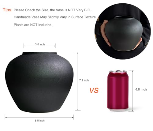 GeLive Black Ceramic Flower Vase 7 Inch Round Jar Farmhouse Rustic Vase for Fresh/Dried Plants Table Centerpiece Minimalist Home Decor Handmade Pottery Planter Pot Kitchen Utensil Holder - color: Matte Black