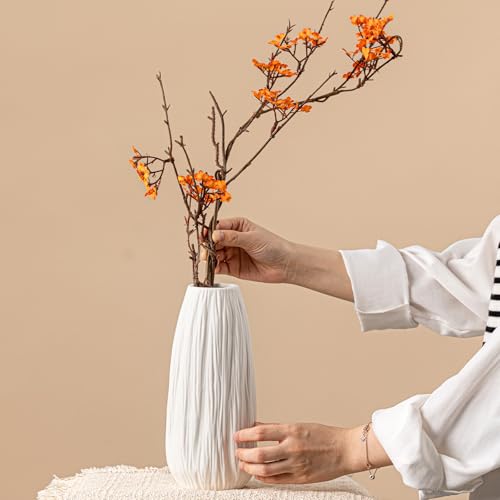White Ceramic Vase with Woodgrain Texture & Vertical Lines - 9.3" Unique Flower Vase for Pampas Grass & Centerpieces, Farmhouse/Boho Decorative Vase for Living Room, Office Desk &Gift for Her/Yourself - color: Woodgrain Texture