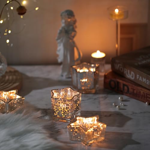 Letine 10pcs Silver Ribbed Star Candle Cups - Assorted Height Tea Light Holders, Votive Candle Holders forWedding, Fall Table Centerpiece, Mercury Glass Lucky Star Jar Decor(Tall 2.44", Short 1.57") - color: Silver, size: 10pcs