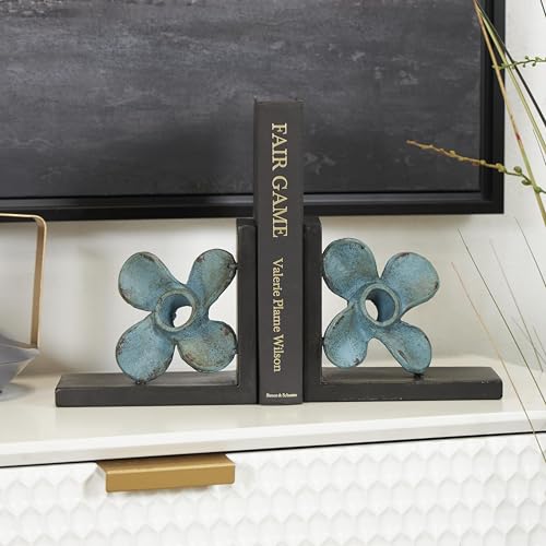 Deco 79 Metal Boat Decorative Bookends Distressed Propeller Non Skid Bookends with Brown L-Shaped Stands, Set of 2 Office Bookends6 W, 7" H, Teal