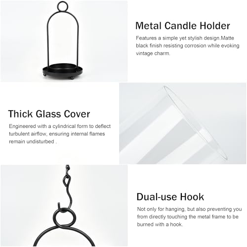 Glass Hurricane Candle Holder Decorative Gold Candle Lantern, Pillar Candlestick Holders Set of 2, Hanging Metal Holder Modern Table Centerpieces, Black - color: Black