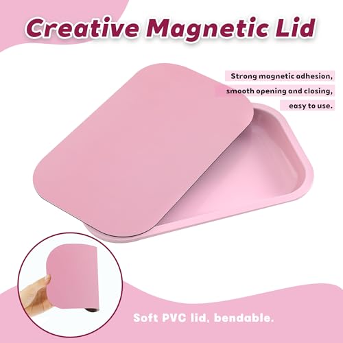 Large Metal Tray with Soft Magnetic Lid, Pretty Decorative Tray with Magnetic Self-Sealing Cover, Perfect for Home and Travel, 10.6’’×6.3’’(Pink) - color: Pink, size: Large