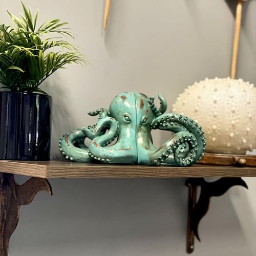 Aqua Green Octopus Bookends Set of 2 – Coastal Nautical Polyresin Wall Decor for Bookshelves, Office, Bedroom, Living Room, Beach House, Animal Ocean Themed, Felt Pad Feet, Unique Gift for Book Lovers - color: Octopus - Aqua Green