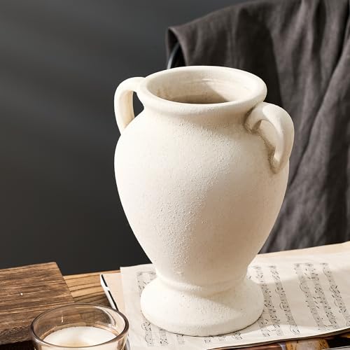 PORCER Ceramic Rustic Flower Vase with Handles, 8.46 Inch Tall Vintage Pottery Home Decor, Farmhouse Terracotta Vase for Living Room, Table, Shelf, Mantel Decoration, Farmhouse- White - color: White- 8.46"