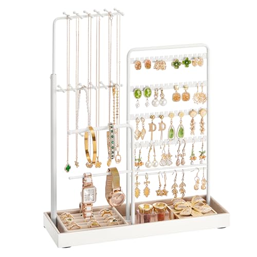 SONGMICS Jewelry Holder, Jewelry Storage Organizer Stand with Metal Frame, Velvet Tray, 12.1 to 18.7 Inches Tall Height Adjustable Necklace Holder, for Rings, Earrings, Matte White UJJS026W01 - color: Matte White