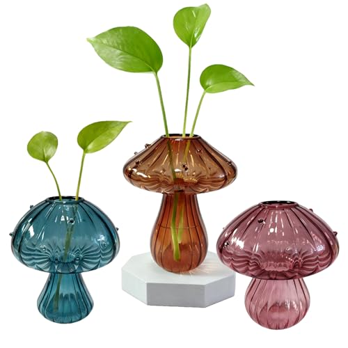 Glass Mushroom Propagation Planter - Set of 3 Cute Plant Propagation Stations for Indoor Plants, Unique Small Hydroponic Vase Jars Mini Terrariums for Window Living Room Bathroom Shelf Decor