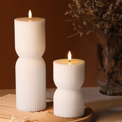 White Ribbed Flameless Pillar Candles with Remote, Real Wax Flickering Battery LED Candles Set of 2 - color: White