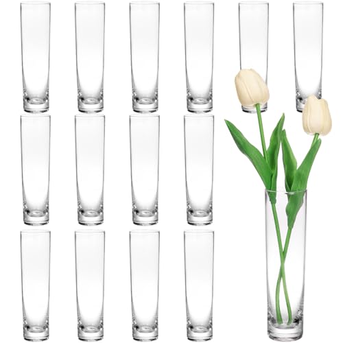Fixwal 15 Pack Glass Cylinder Bud Flower Vases for Centerpieces Clear Small Glass Vases for Wedding Decorations,Handmade Clear Glass Vases for Party Decor,Cylinder Vases in Bulk for Home Decor