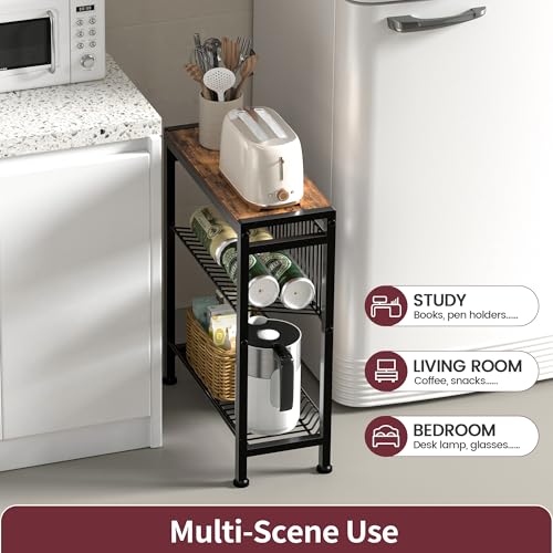 Narrow Side Table for Small Space, 3-Tier End Table with Magazine Holder,Slim Nightstand with Wire Shelf, Skinny Bedside Table in Living Room, Bedroom, Study, kitchen and Balcony (Rustic Brown) - color: Upgrade-rustic Brown
