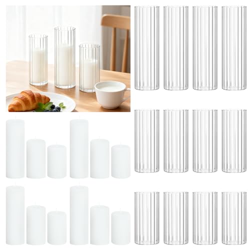 24 PCS White Pillar Candles (2" x3, 4, 6) with Ribbed Glass Cylinder Vases (2.6" x5, 6, 8), Hurricane Glass Candle Holders, Dripless Candles for Wedding Centerpieces, Home & Table Decor - size: 24
