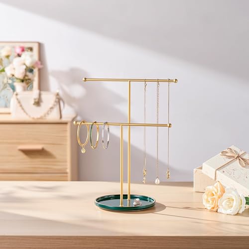 Gold Jewelry Holder Stand with Ceramic Tray: Small Hanging Necklace Organizer Tree for Earrings, Bracelets, Rings – Jewelry Display Hanger for Women & Girls, Green - color: green tray gold bar