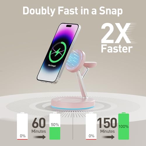New 3 in 1 Charging Station for Apple Compatible with Magsafe Charger Stand for iPhone 17 16 15 14 13 12 Wireless Charging Station for AirPods Wireless Charger for iWatch Series - color: Pink