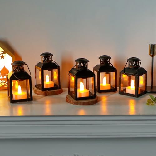 TRIROCKS 6 Pcs Small Metal Candle Lanterns Vintage Hanging House Tealight Lantern Decorative Candle Tea Light Holders for Table Valentine Patio Indoor Outdoor Gifts(Black with Gold Brush) - color: Black