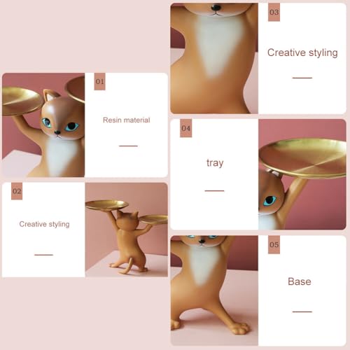 Surakey Resin Cartoon Cat Sculpture with Metal Tray Animal Statue Figurine Storage Tray Key Tray Sundries Candy Container Nut Tray Double Tray for Home Desk Decor Gift (Gray)