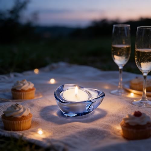 Blue Tealight Candle Holders - Set of 12, Heart-Shaped Chunky Glass Candle Holder, 2.9" Diameter - CH02 - Water Blue - color: Water Blue