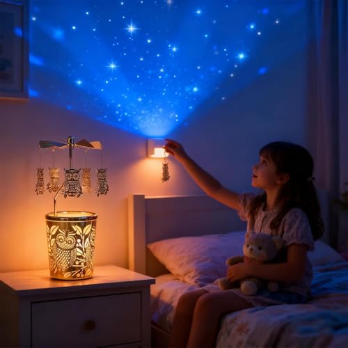 Carousel totary Candle Holder Spinning irthday Gifts for Women, Mom, Wife, Girlfriend, Sister, Her, Metal Windmill Tea Light for Female Friends (Gold owl) - color: Gold Owl