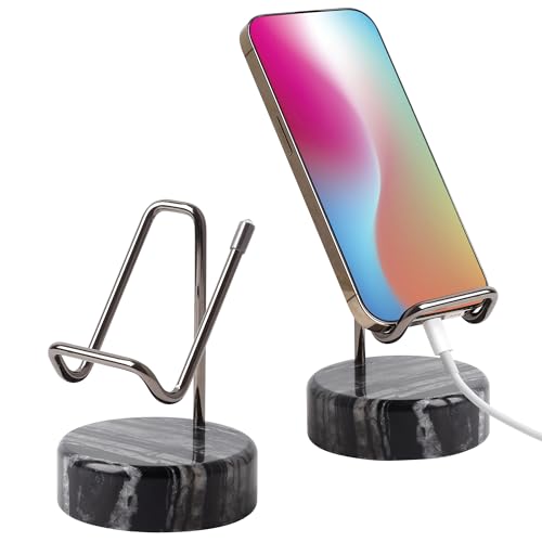 Marble Phone Stand with Metal Holder, Charging Available While Using, Swipe Up to Unlock, Made of Natural Marble as Business Card Holder for Office Desk (Wooden Black + Black) - color: Wooden Black + Black