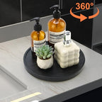 Black Wooden Bathroom Vanity Counter Tray Decor Round Perfume Dresser Trays Kitchen Sink Soap Dish Dispenser Holder Large Wood Lazy Susan Turntable for Table Rotating Bathroom Organizer Accessories - size: 12"