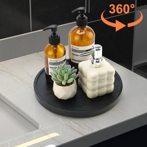 Black Wooden Bathroom Vanity Counter Tray Decor Round Perfume Dresser Trays Kitchen Sink Soap Dish Dispenser Holder Large Wood Lazy Susan Turntable for Table Rotating Bathroom Organizer Accessories - size: 12"