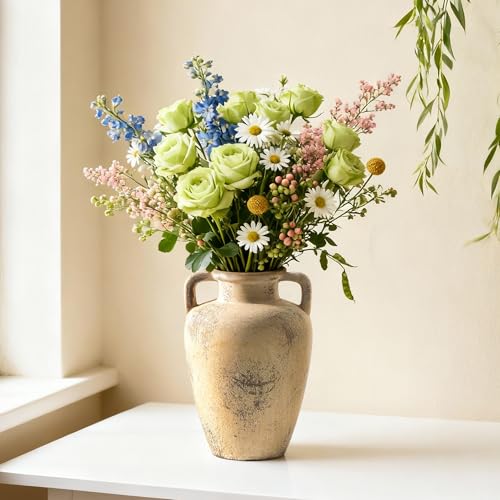 Ceramic Vintage Vases for Flower, 8.85 inch Rustic Vase with Handle, Tall Terracotta Christmas Farmhouse Vase for Home Decor, Living Room Shelf Decor, Enterway, Table, Lyeec - color: 103-8.85 in
