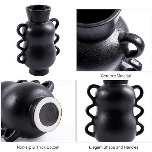 DN DECONATION Black Ceramic Vase Home Decor with Wave Handles, 10'' Tall Rustic Farmhouse Flower Vase for Table Centerpiece, Bookshelf, Living Room, Office, Modern Nordic Minimalist Decorative Vases