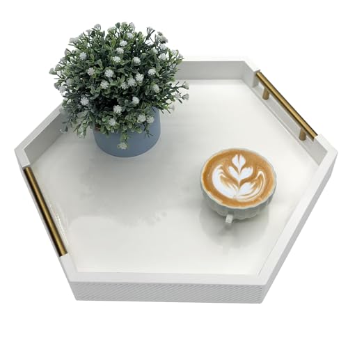 Serving Tray with Polished Metal Handles, Hexagon Coffee Table Tray, Modern Rectangle Decorative Tray, Large Ottoman Tray, Perfect for Storage and Display (White Hexagon) - color: White Hexagon
