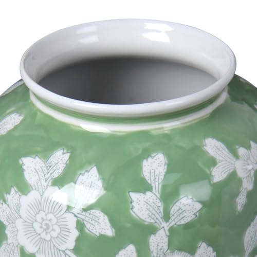 Spring Floral Ceramic Vase, Green and White Chinoiserie Vase with Hand-Painted Peony Design, 14 Inch Tall Decorative Vase for Home Decor, Table Centerpiece