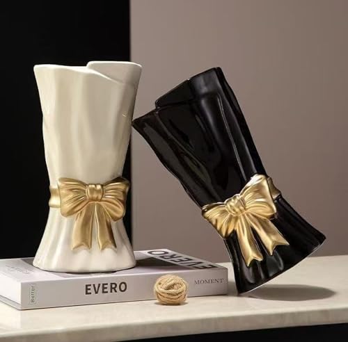 Bow Vase, Black Flower Vase for Home Decor, Black Ceramic Vases for Boho Style, Bow Decor, 9.3 Inch Flower Vases for Bouquet, Ideal Shelf Decor/Table. (Large) - color: Black