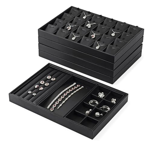 Oirlv 4 in 1 Black Premium Leather Multifunctional Jewelry Display Tray for Rings,Earrings and Bracelets Organizer and Storage - style: P01708