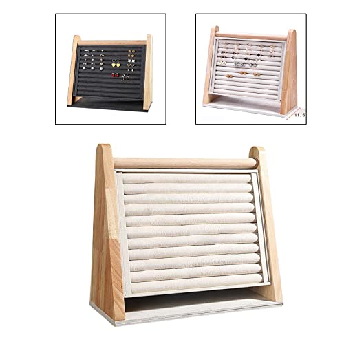 DYNWAVE Wooden Rings Display Stand Tray, 10 Slots Flannel Large Capacity Vertical Storage Holder for Earrings Rings Show Retail Selling, Beige