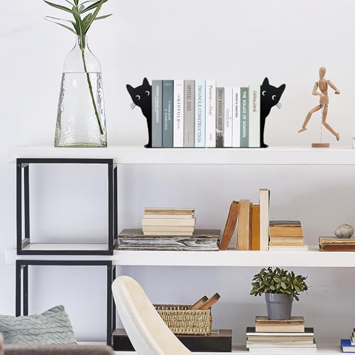 Peeping Cat Bookends,Metal Book Ends for Heavy Books for Shelves Decorative,Bookshelf Decor Home Office Desk for Cat Lover Gifts (Black Cat) - color: Black Cat